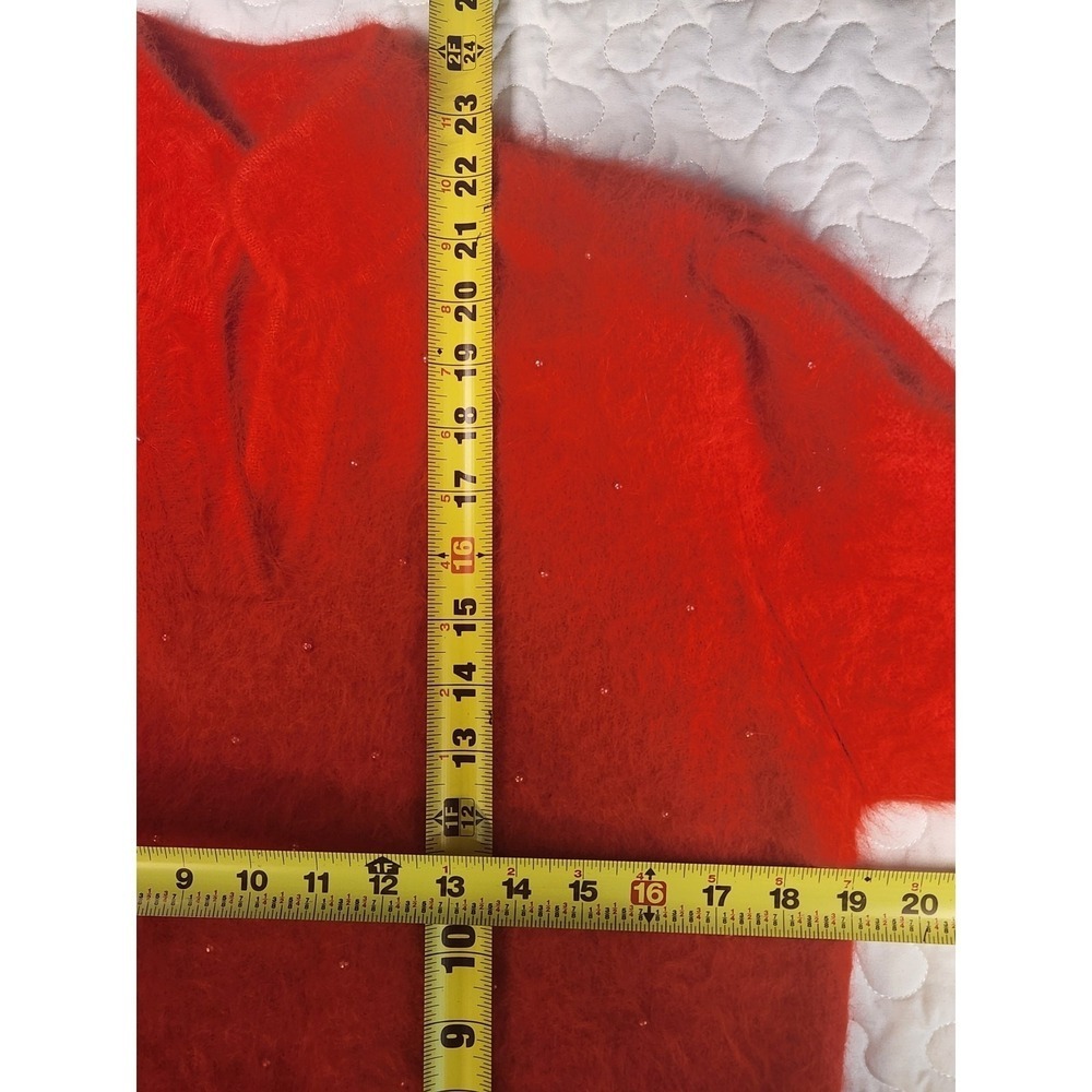 ANGORA Vtg TOMATO RED SWEATER Soft Bead Puff Sleeve Pullover Hi Neck Top M 38 - Picture 5 of 8